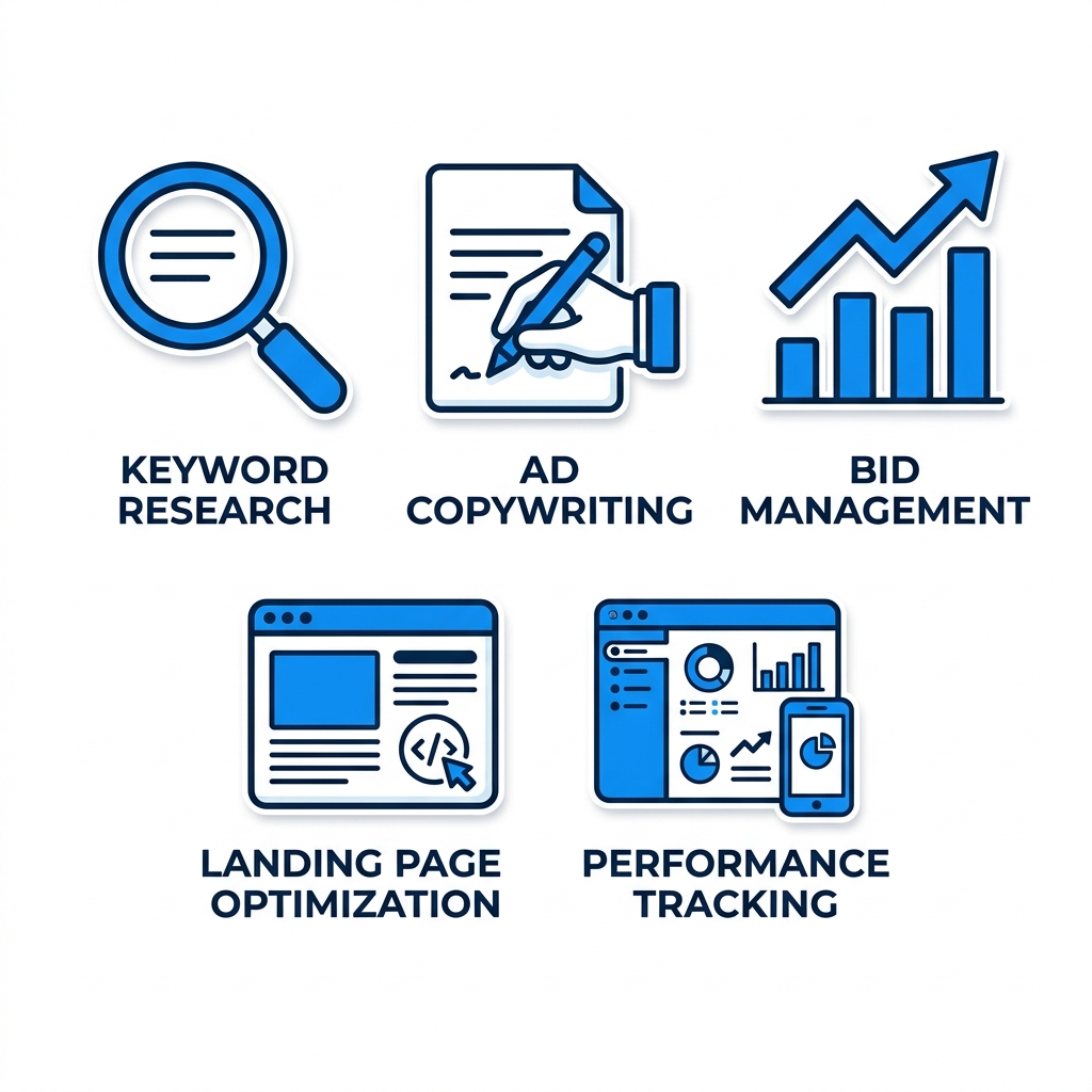 Horizontal grid of five flat modern blue icons representing key PPC services: keyword research, ad copywriting, bid management, landing page optimization, and performance tracking