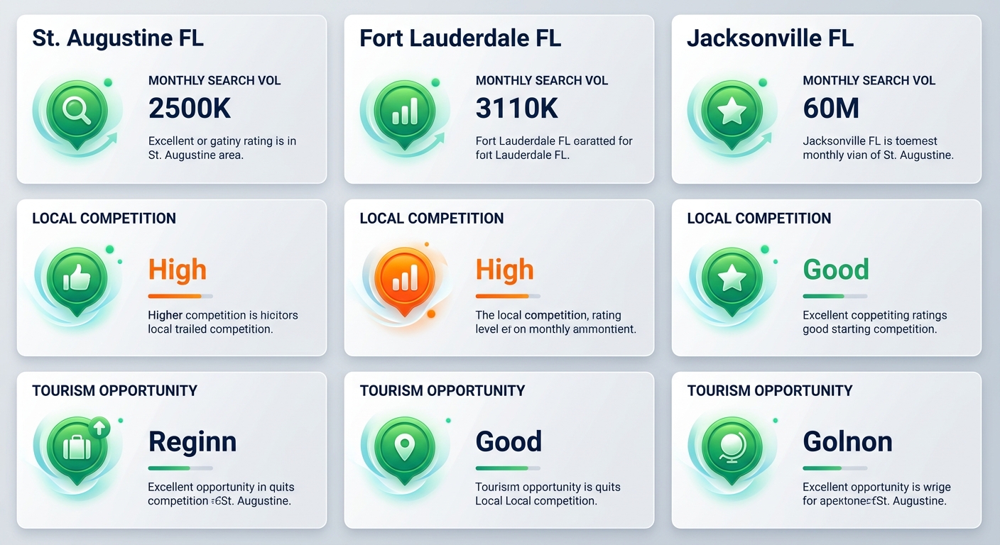Infographic comparing SEO metrics including search volume, competition, and tourism opportunities across St. Augustine, Fort Lauderdale, and Jacksonville markets