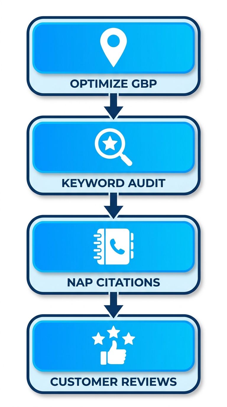 Vertical process flow chart of four initial local SEO steps for St. Augustine businesses including GBP optimization, keyword audit, NAP citations, and customer reviews.