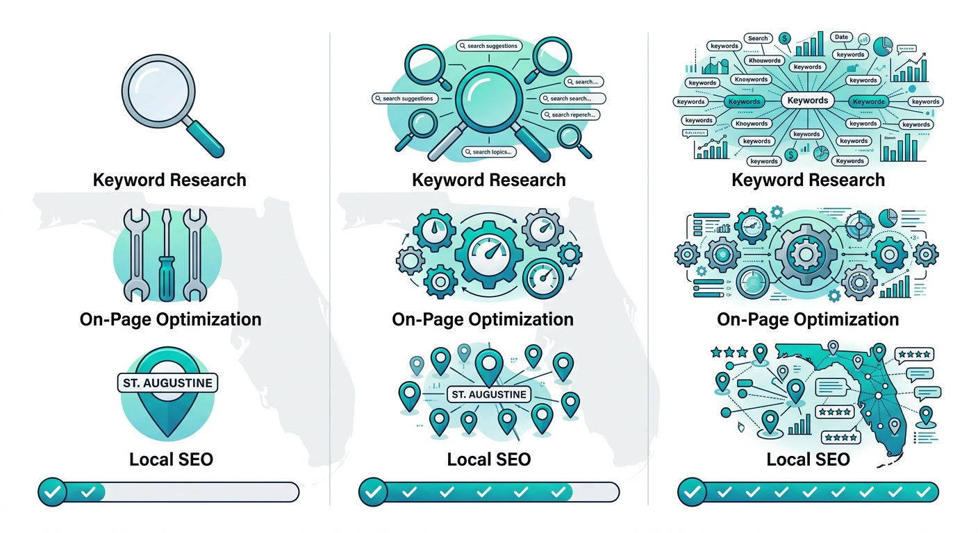 Infographic comparing Basic, Standard, Premium SEO packages via feature icon progressions for St. Augustine local businesses