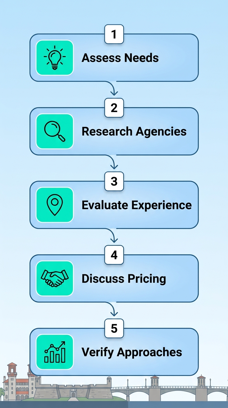 Vertical process flow illustrating 5 steps to hire an SEO agency in St. Augustine with icons