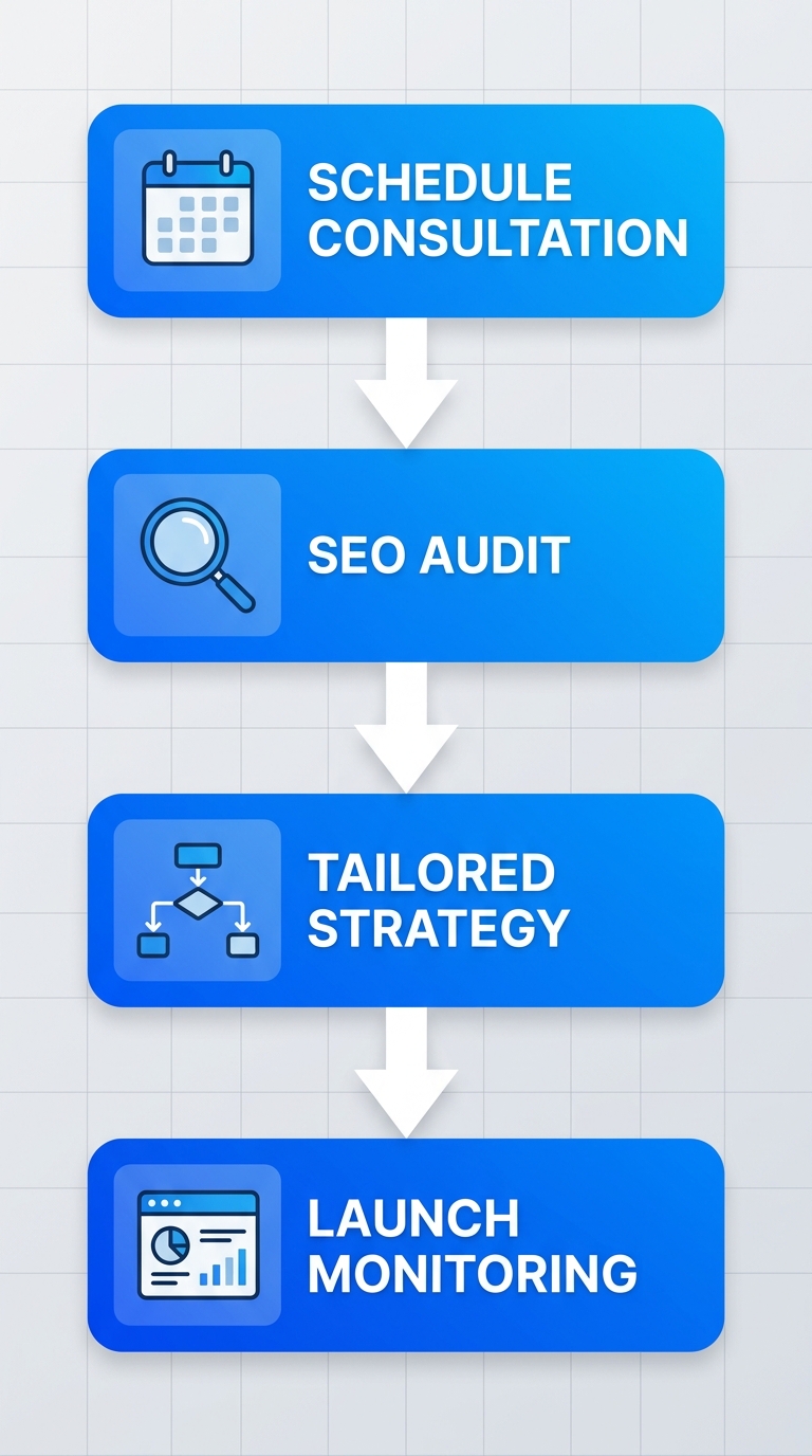 Vertical process flow diagram illustrating four steps to start SEO partnership for St. Augustine businesses: schedule consultation, SEO audit, tailored strategy, and launch monitoring.