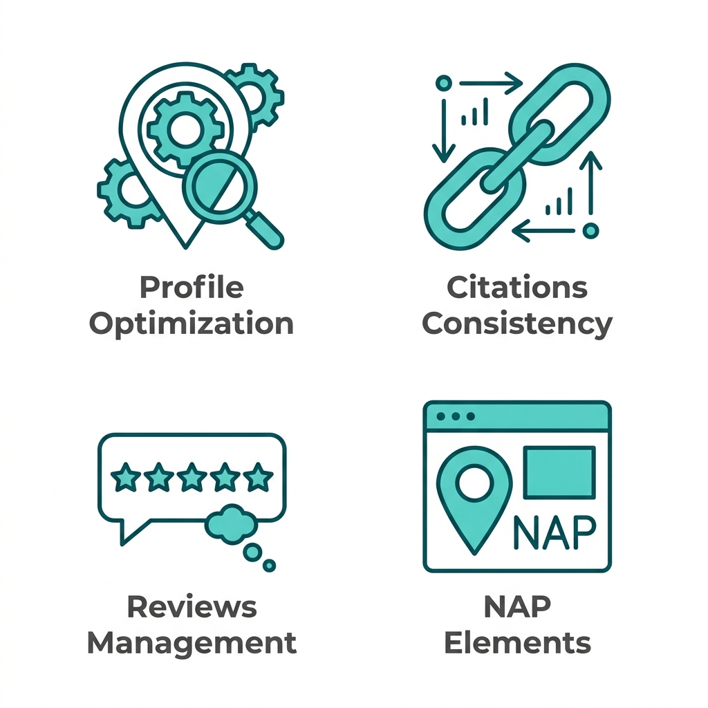 Grid of four outline icons representing local SEO factors: map pin for profile, chain link for citations, speech bubble for reviews, webpage for NAP.