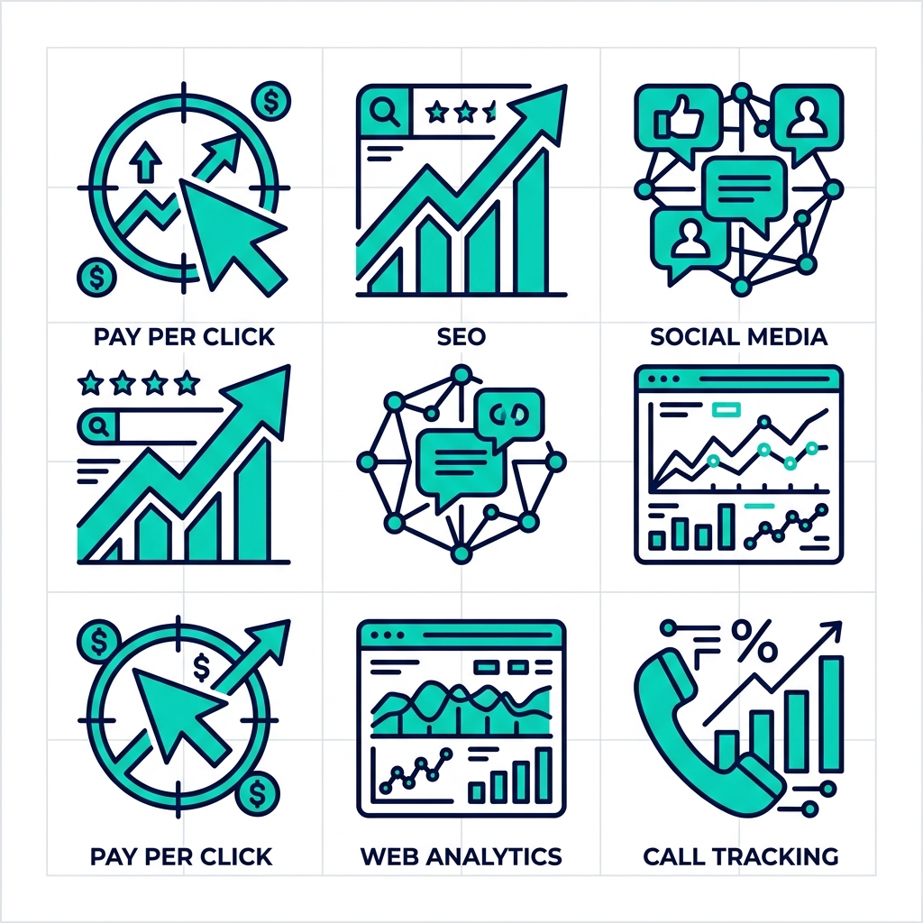 Horizontal row of five outline icons for digital marketing services: Pay Per Click, SEO, social media, web analytics, phone call tracking.