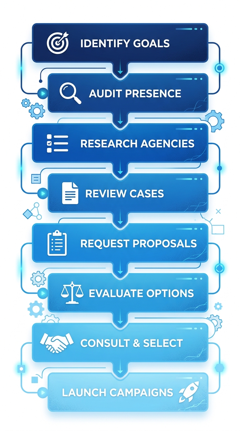 Vertical process flow diagram showing 8 steps to engage an internet marketing agency with icons and minimal labels