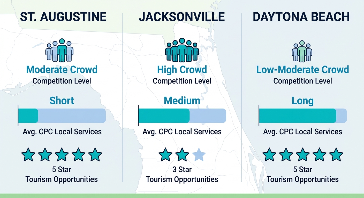 Infographic comparing PPC competition levels, average CPC bars, and tourism star ratings for St. Augustine, Jacksonville, and Daytona Beach.