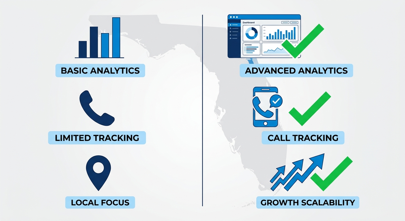 Three-column comparison infographic of typical local PPC provider versus advanced regional expert features using blue icons, checkmarks, and subtle Florida map background