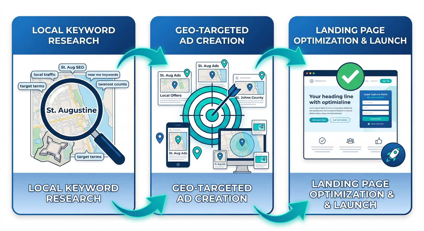 Three-step horizontal process flow illustrating PPC campaign launch in St. Augustine: keyword research, geo-targeted ads, landing page optimization.