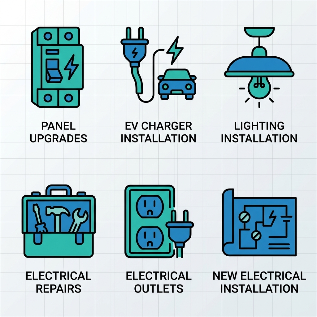 Grid of six electrical service icons: panel upgrades, EV charger installation, lighting installation, repairs, outlets, and new installations.