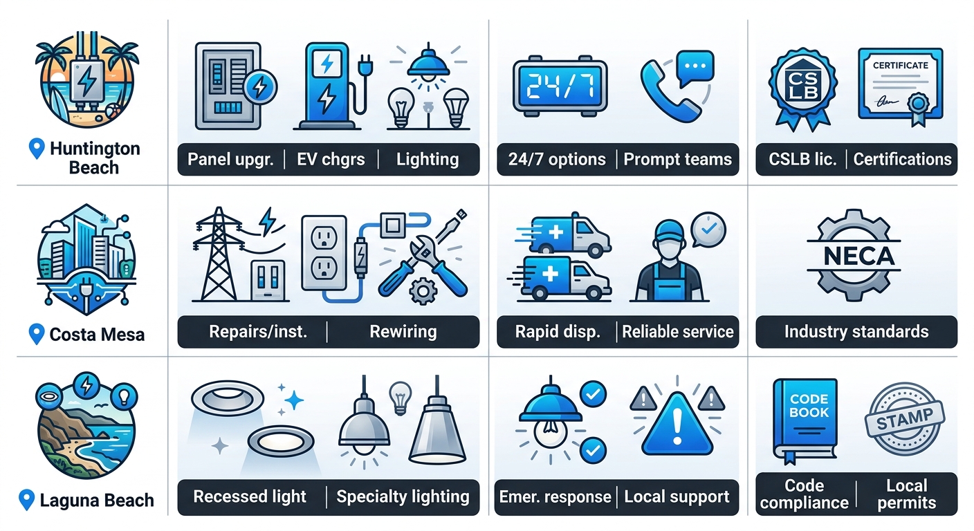 Infographic comparing electrical services, common offerings, emergency availability, and licensing in Huntington Beach, Costa Mesa, and Laguna Beach