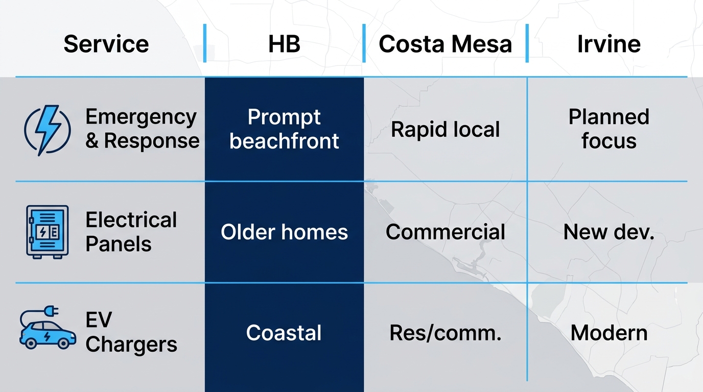 Infographic comparing electrical services like emergency response, panel upgrades, and EV chargers in Huntington Beach, Costa Mesa, and Irvine