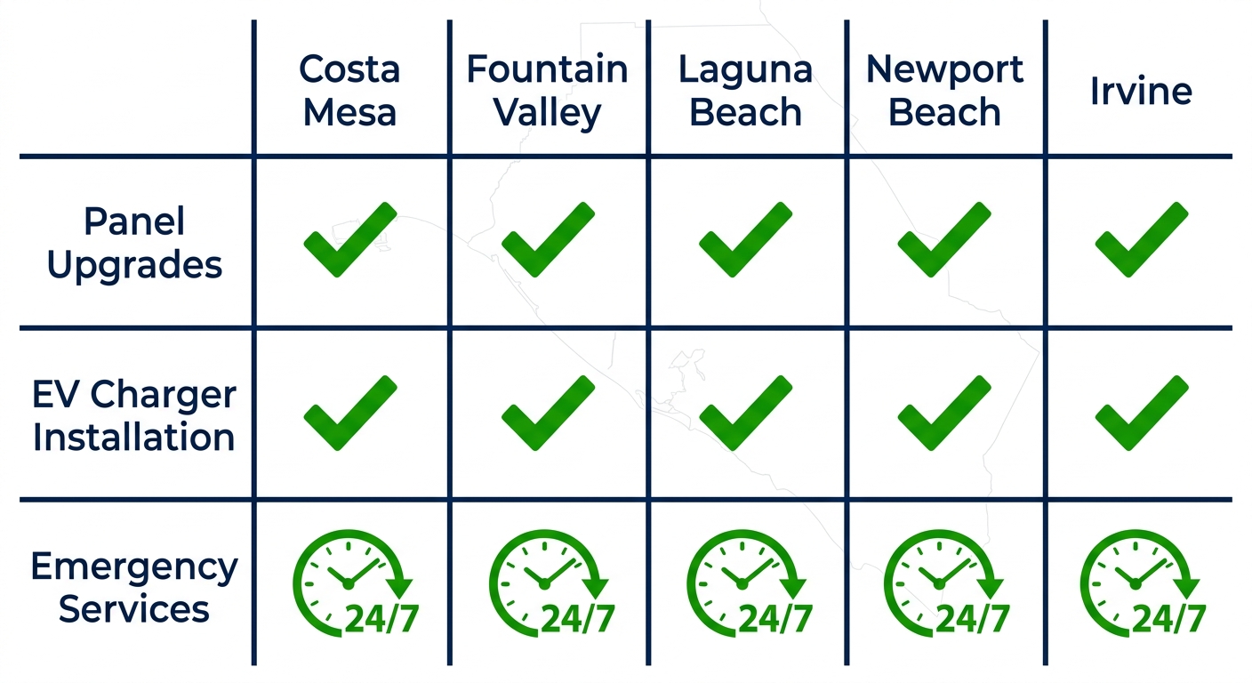 Infographic showing uniform electrical service availability including panel upgrades, EV chargers, and emergency services across Costa Mesa and Orange County areas