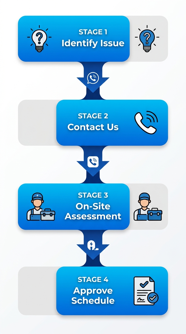 Vertical process flow diagram with four steps to hire an electrician: identify issue, contact us, on-site assessment, approve and schedule.