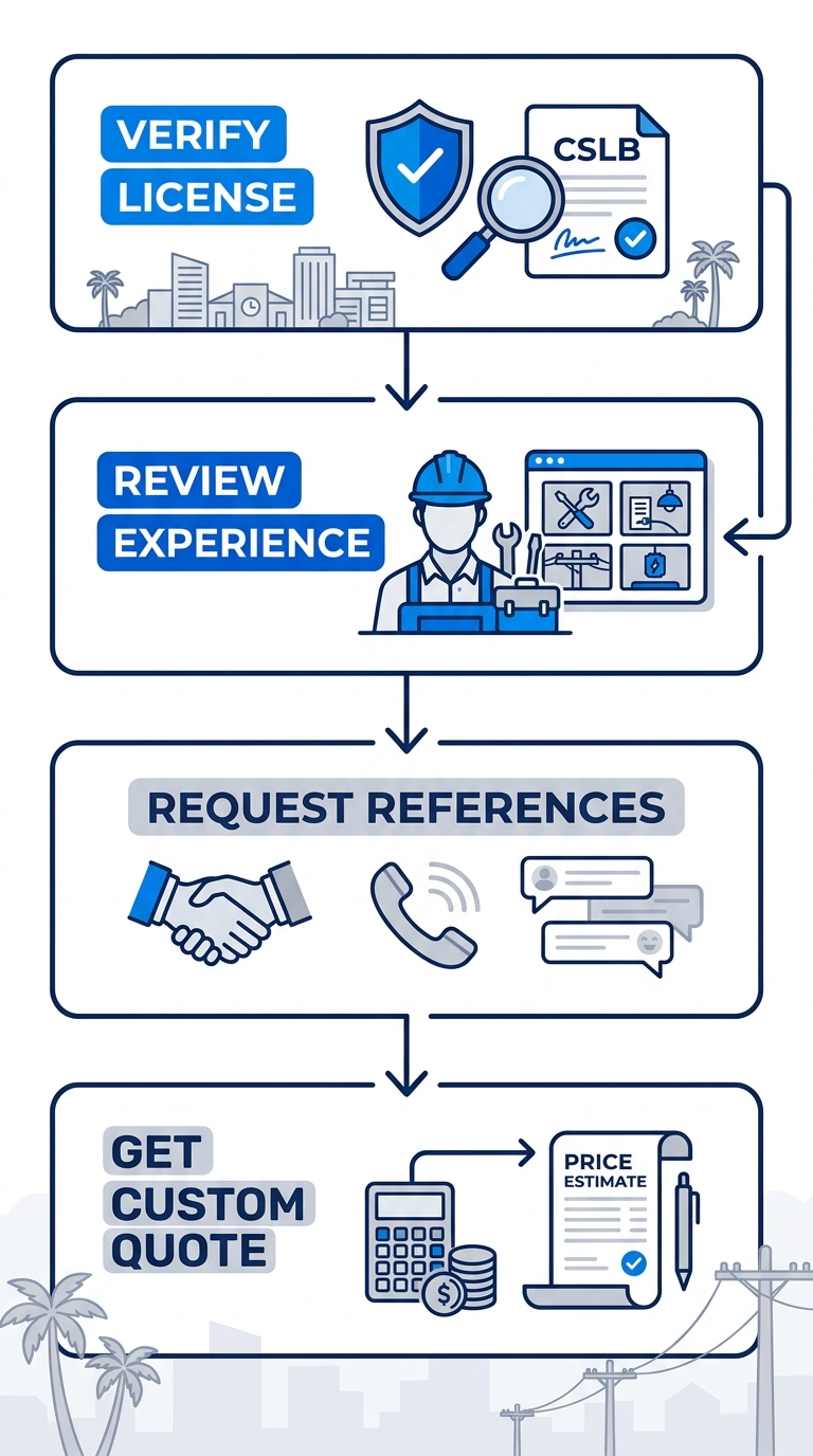 Vertical process flow illustrating four steps to hire a local electrician: verify license, review experience, request references, get custom quote.