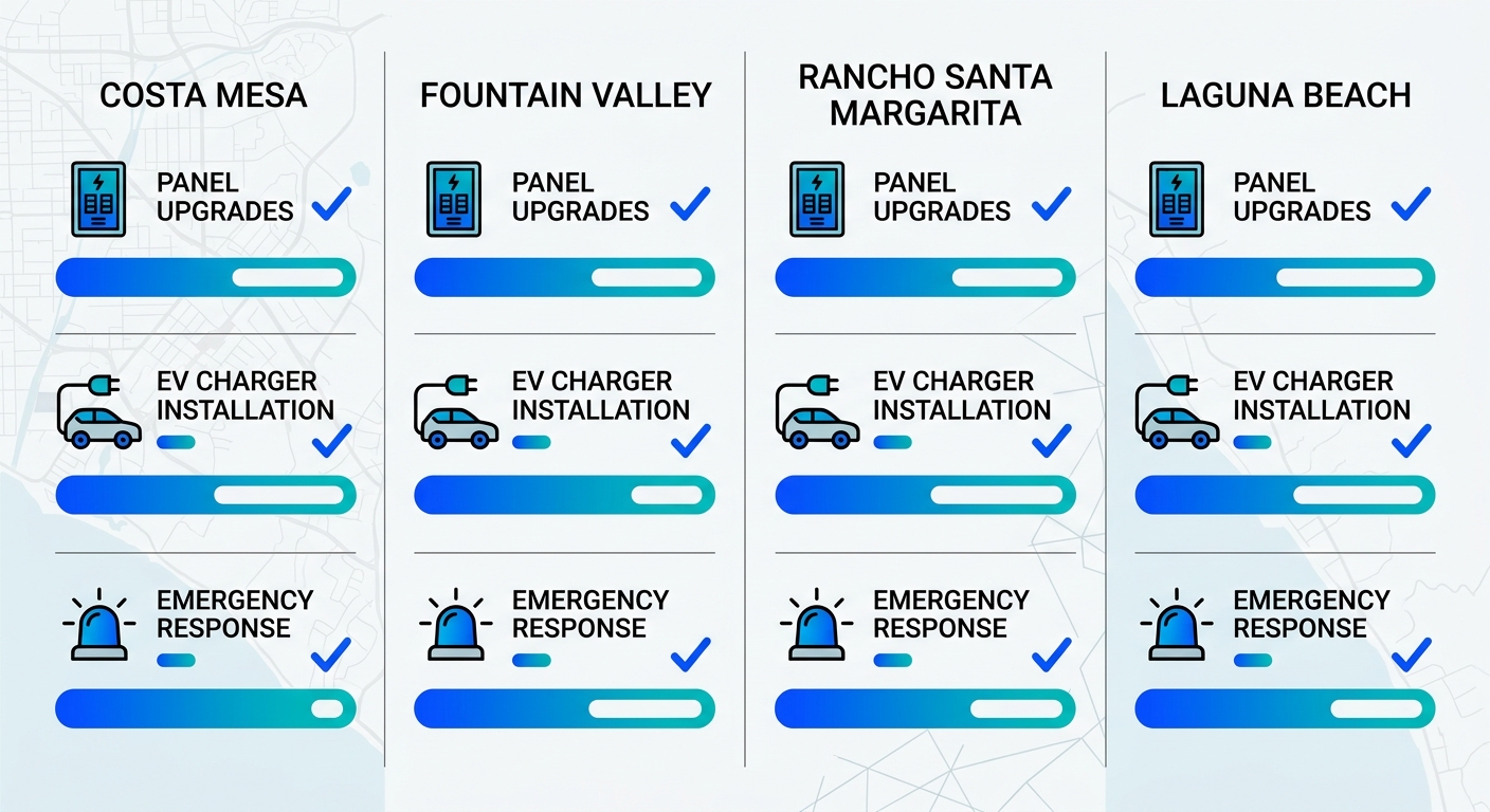 Infographic comparing availability of electrical services like panel upgrades, EV charger installation, and emergency response in Costa Mesa, Fountain Valley, Rancho Santa Margarita, and Laguna Beach areas.