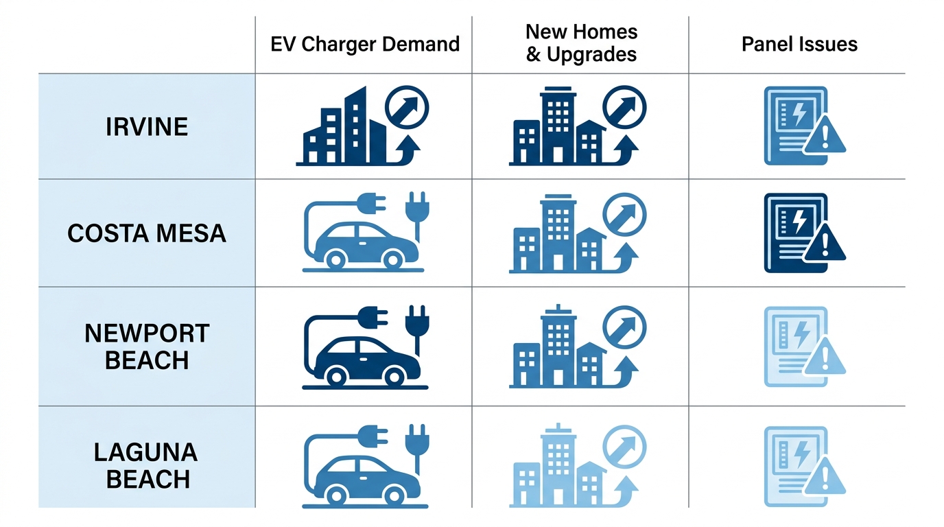 Infographic table comparing electrical service demands like panel upgrades, EV chargers, and new homes across Irvine, Costa Mesa, Newport Beach, and Laguna Beach with color-coded icons.