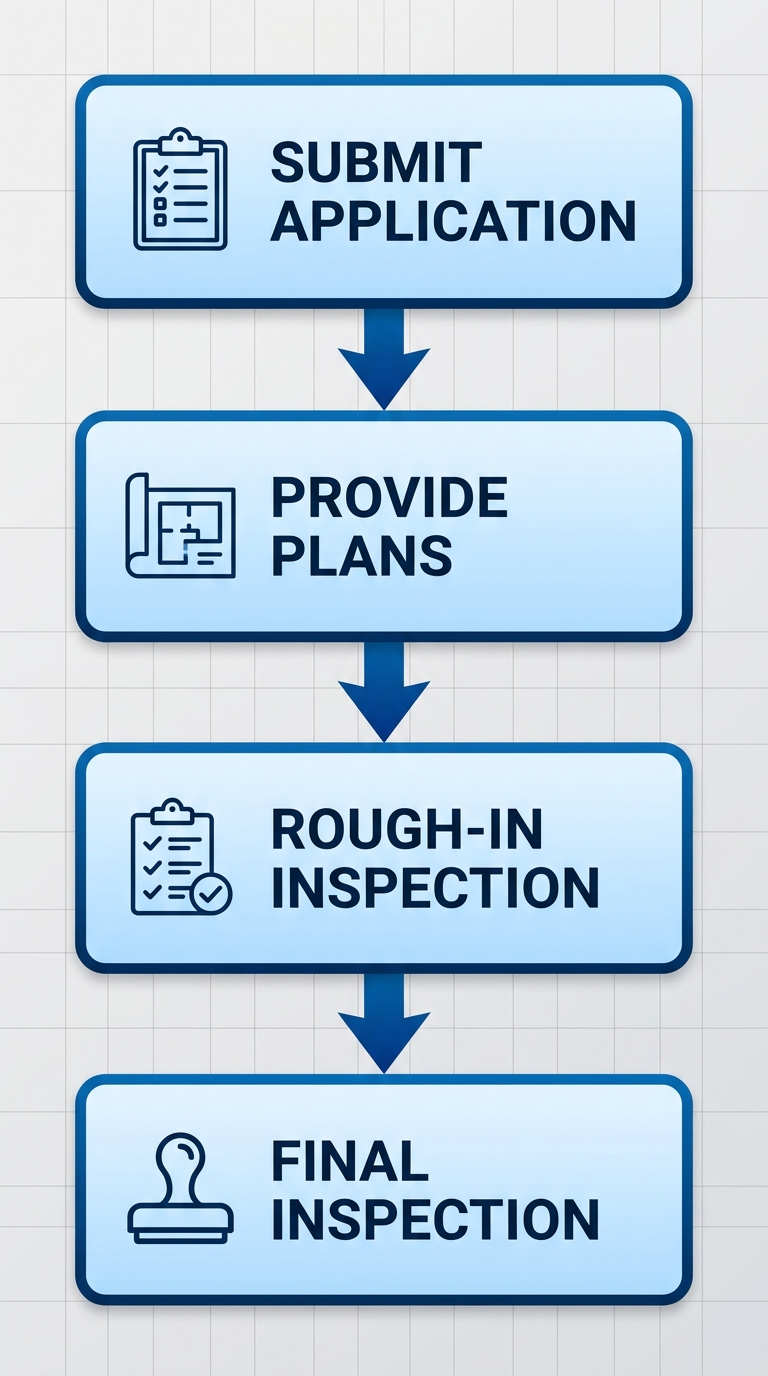 Vertical process flow diagram of Irvine electrical permit process: submit application with clipboard icon, provide plans with blueprint icon, rough-in inspection with checklist icon, final inspection with approval stamp icon.