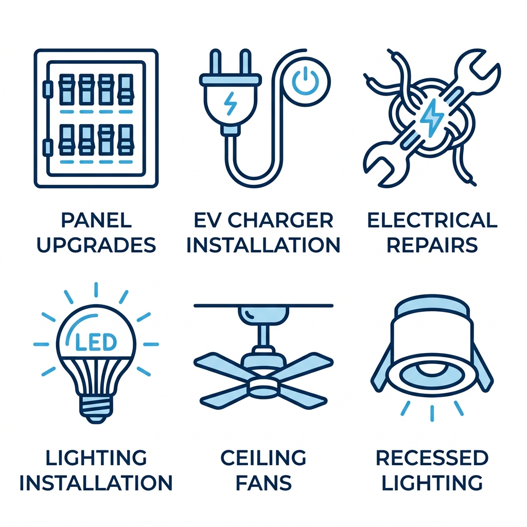2x3 grid of modern blue outline icons for essential electrical services: panel upgrades, EV charger installation, repairs, lighting installation, ceiling fans, recessed lighting with short labels.