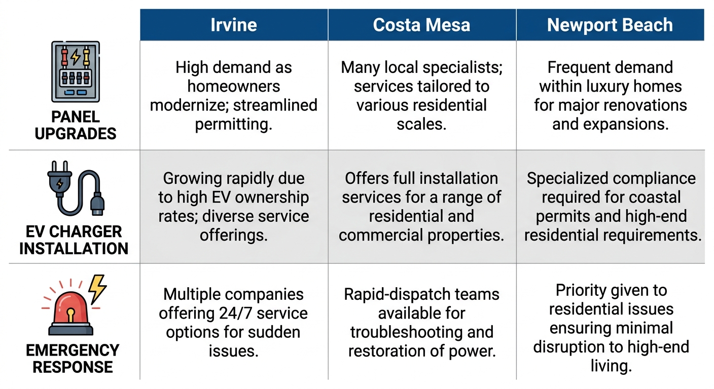 Infographic table comparing electrical services like panel upgrades, EV charger installation, and emergency response in Irvine, Costa Mesa, and Newport Beach.