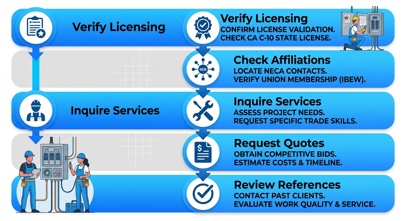 Vertical process flow diagram with 5 steps to hire a local electrician: verify licensing, check affiliations, inquire services, request quotes, review references