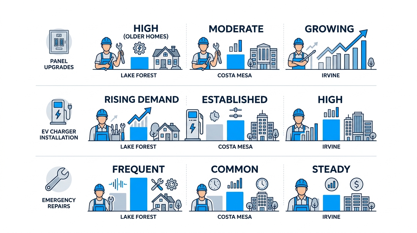Infographic comparing electrical service demand levels in Lake Forest, Costa Mesa, and Irvine