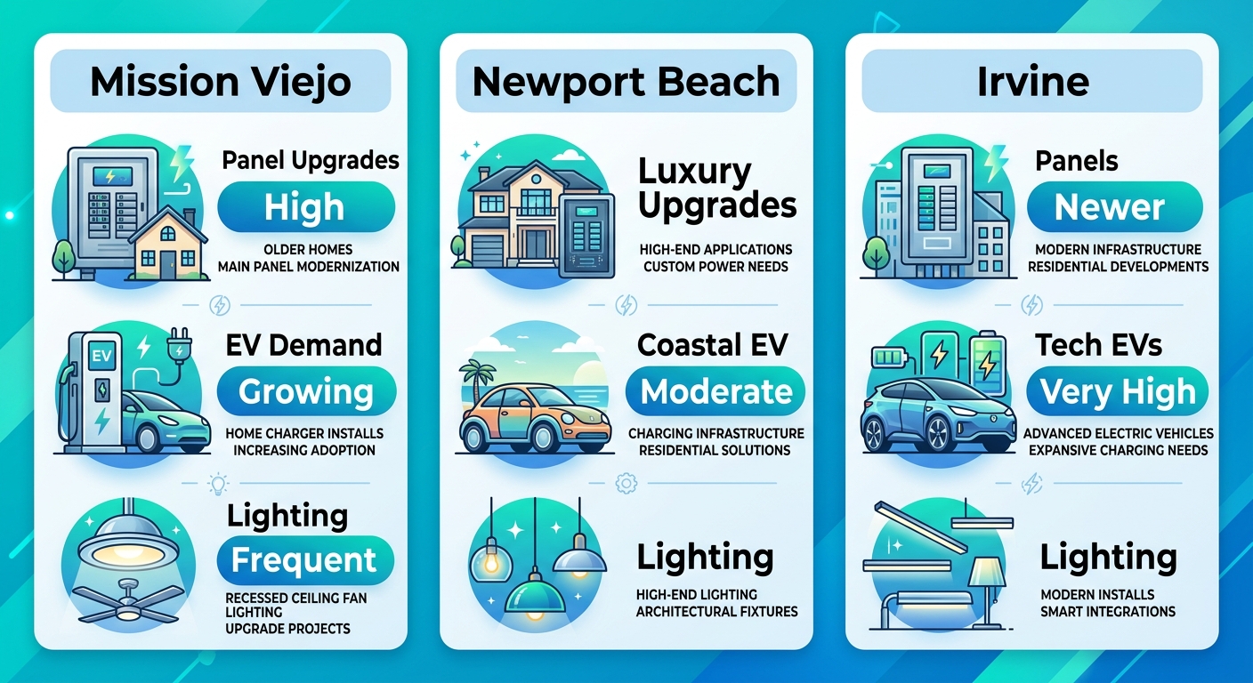 Infographic comparing electrical service demands in Mission Viejo, Newport Beach, and Irvine neighborhoods