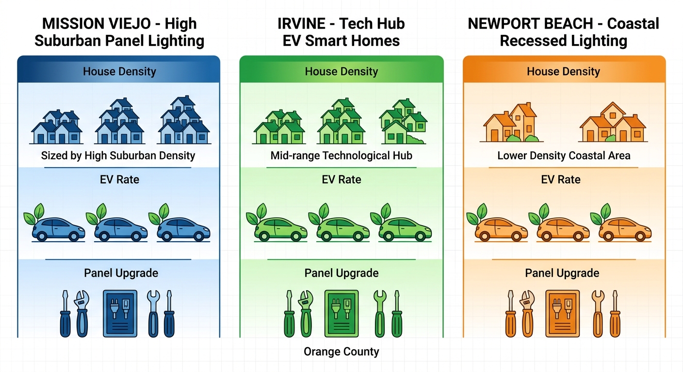Infographic comparing electrical service demand with population, EV adoption, and upgrades in Mission Viejo, Irvine, Newport Beach.