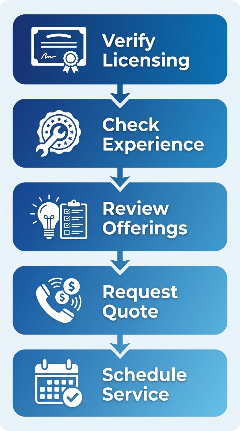 Vertical process flow diagram outlining 5 steps to hire a reliable electrician: verify licensing, check experience, review offerings, request quote, schedule service with icons.