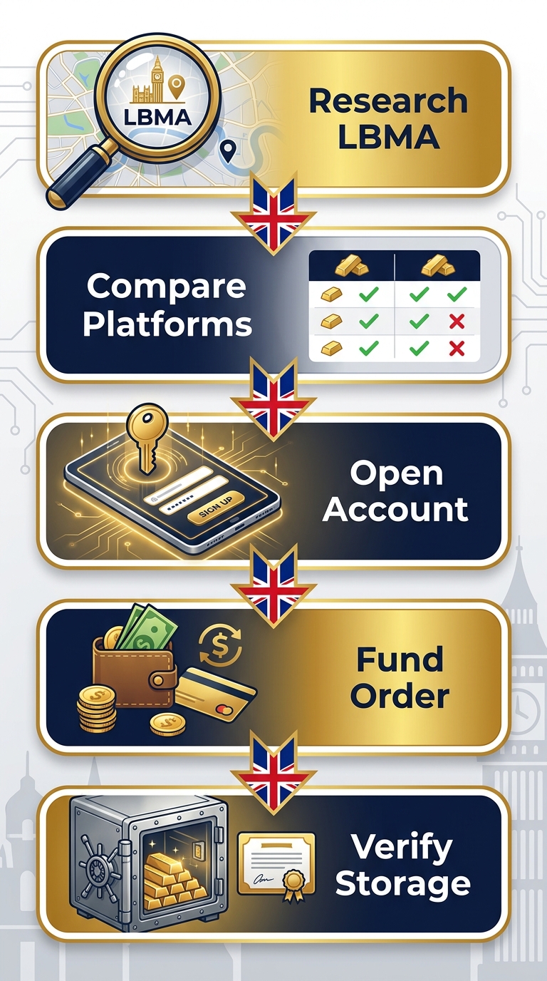 Vertical process flow illustrating 5 steps to start buying gold bullion in London: Research LBMA, Compare Platforms, Open Account, Fund Order, Verify Storage.