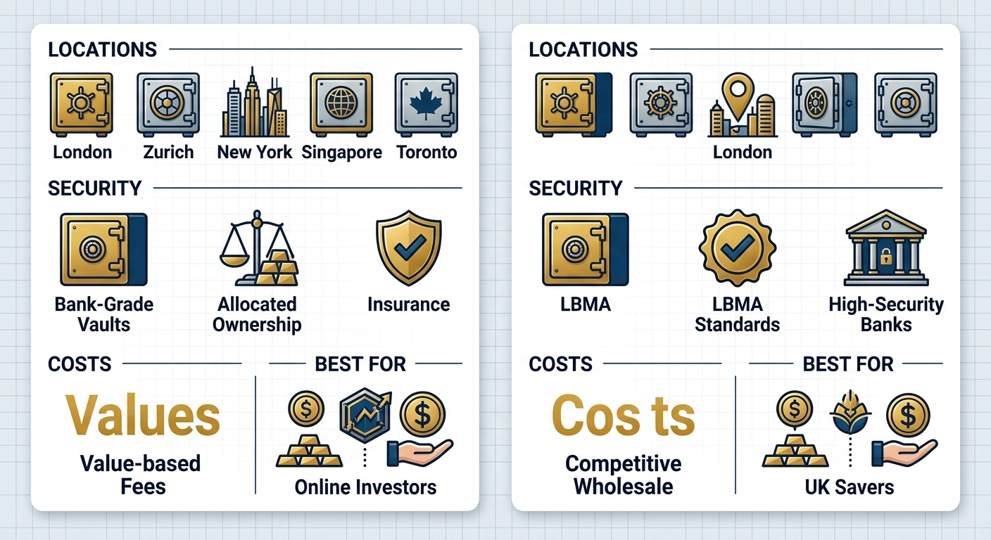 Infographic comparing BullionVault and LBMA member gold vaults: locations, security, costs, and target investors in gold and blue scheme.
