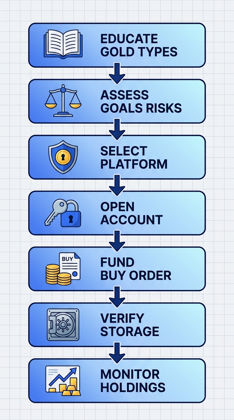 Vertical process flow diagram illustrating 7 steps to buy gold in the UK: educate on types, assess goals, select platform, open account, fund order, verify storage, monitor holdings with icons.