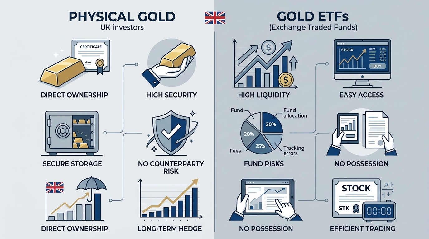 Two-column infographic comparing advantages of physical gold ownership versus gold ETFs for UK investors with icons and short pros and cons lists.