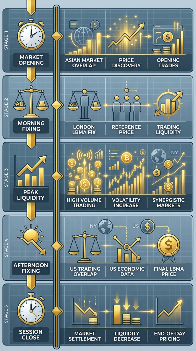 Vertical timeline illustrating UK gold trading hours with key sessions and global time zone overlaps