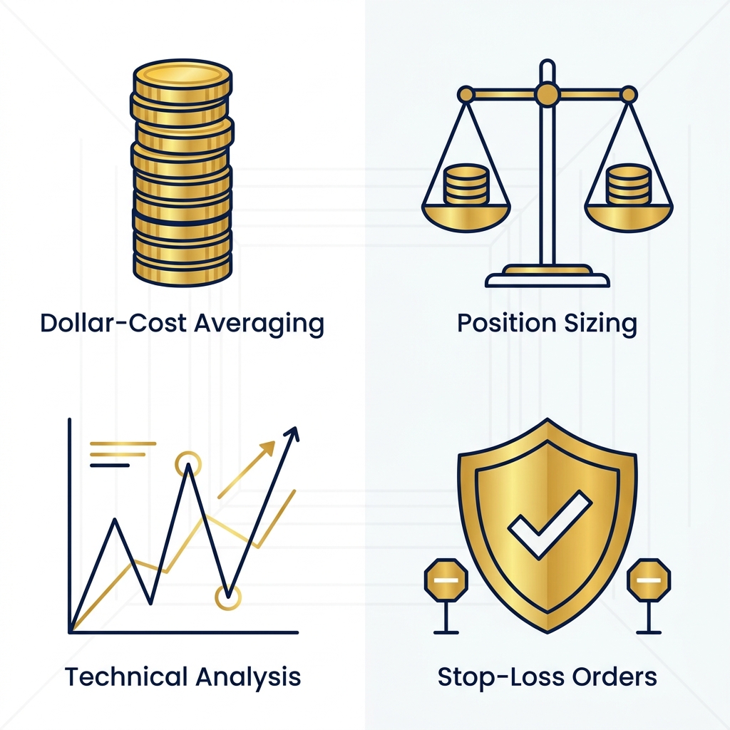 Square grid of four flat outline icons for beginner gold trading strategies: dollar-cost averaging coin stacks, position sizing scale, technical analysis chart, stop-loss shield in metallic gold and navy blue.