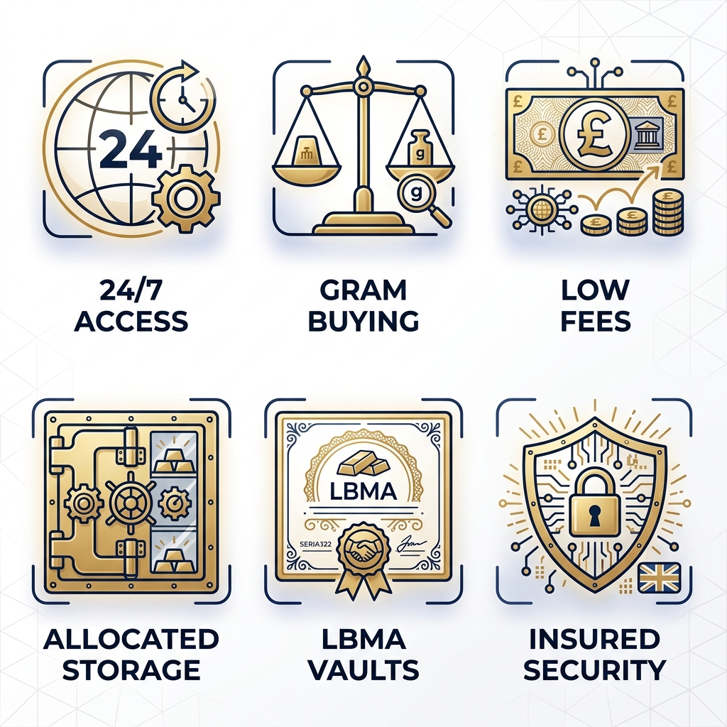 Grid of six outline icons depicting gold investment benefits: 24/7 access, gram buying, low fees, allocated storage, LBMA vaults, insured security.
