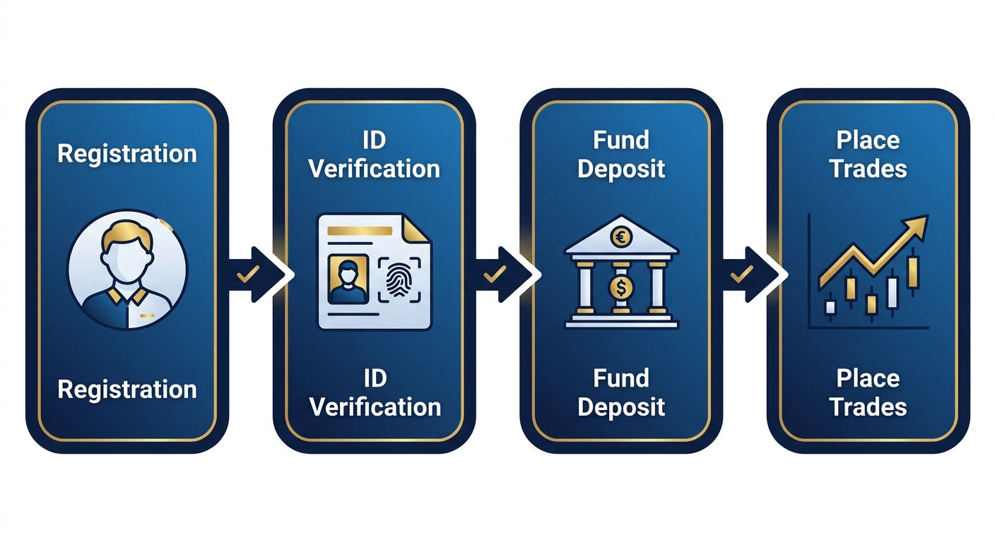 Horizontal process flow diagram of gold account management stages: registration, ID verification, deposit, and trading with icons and arrows