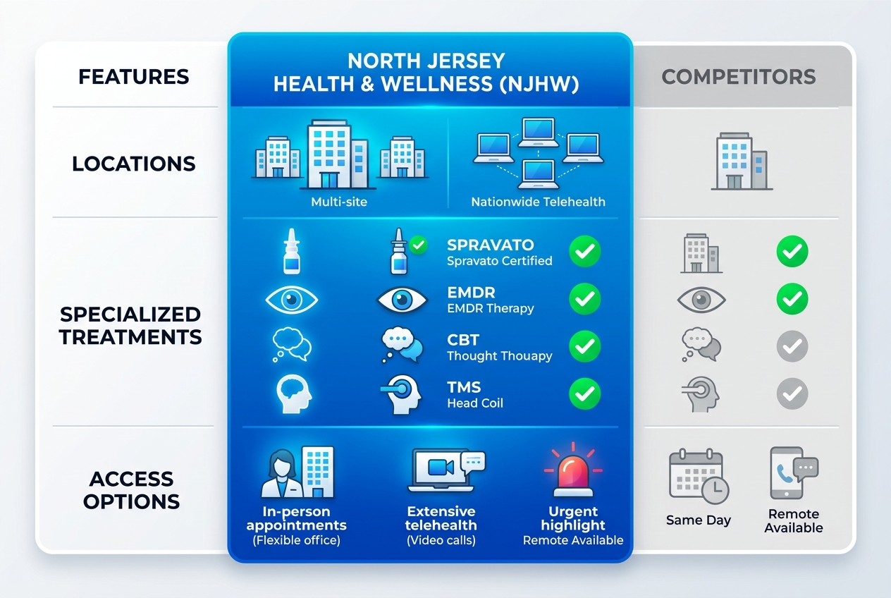 Infographic matrix comparing mental health clinic features: locations, treatments, access options for North Jersey Health & Wellness versus competitors in Ramsey and Bergen County