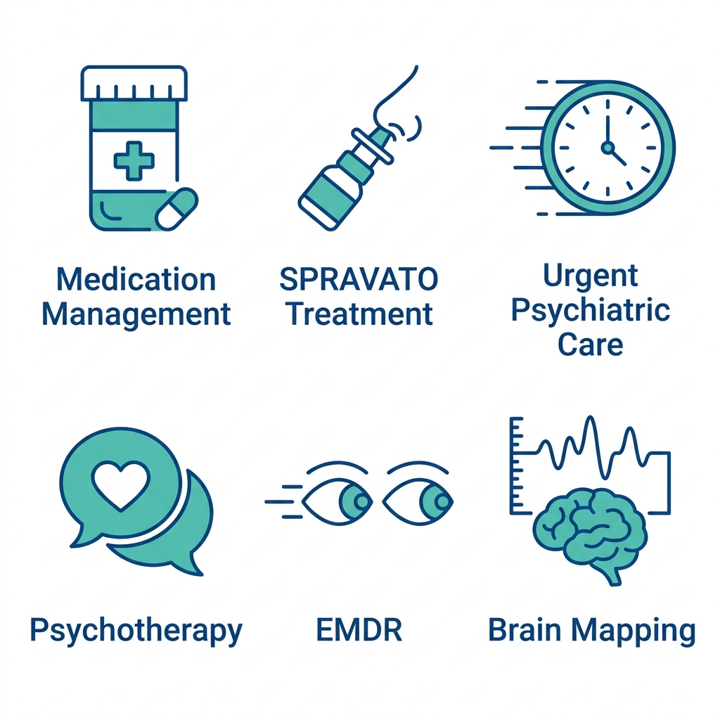 Grid of icons illustrating key services at Ramsey Mental Health Clinic: Medication Management, SPRAVATO Treatment, Urgent Psychiatric Care, Psychotherapy, EMDR, Brain Mapping