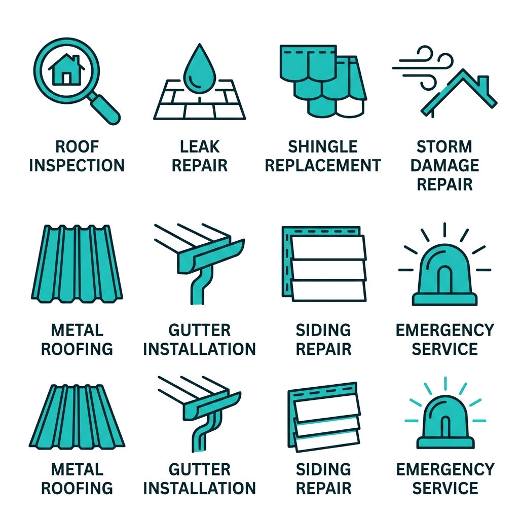 Square grid of 8 icons depicting key roofing services including inspection, leak repair, shingle replacement, storm damage, metal roofing, gutters, siding, and emergency services.