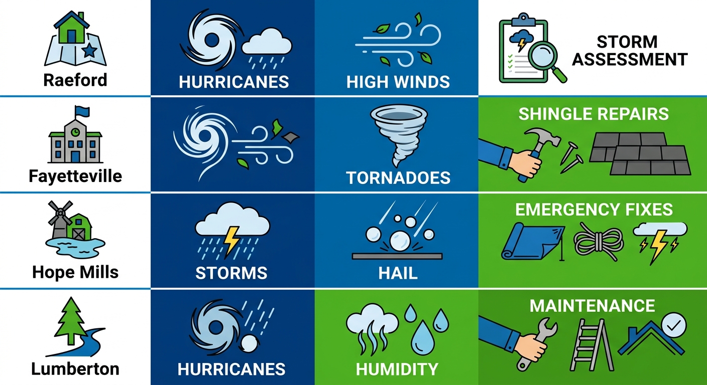 Infographic comparing Raeford area communities, weather risks, and roofing services