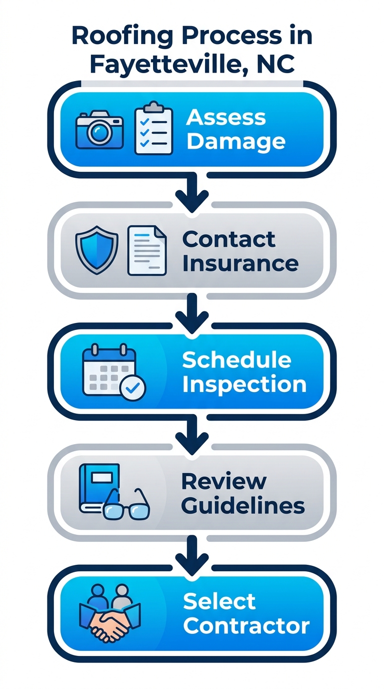 Vertical process flow diagram illustrating five steps to start roof replacement: assess damage, contact insurance, schedule inspection, review guidelines, select contractor.
