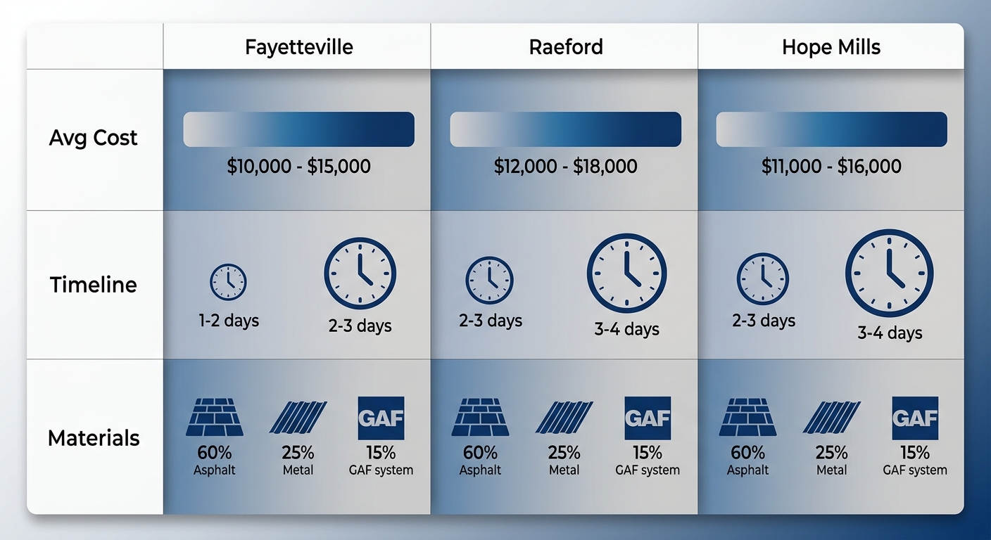Infographic comparing roof replacement costs, timelines, and materials across Fayetteville, Raeford, and Hope Mills areas
