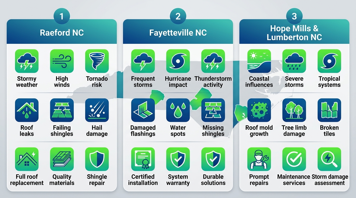 Infographic comparing roofing climate challenges, common issues, and Oak Tree Roofing coverage in Raeford, Fayetteville, Hope Mills, and Lumberton areas