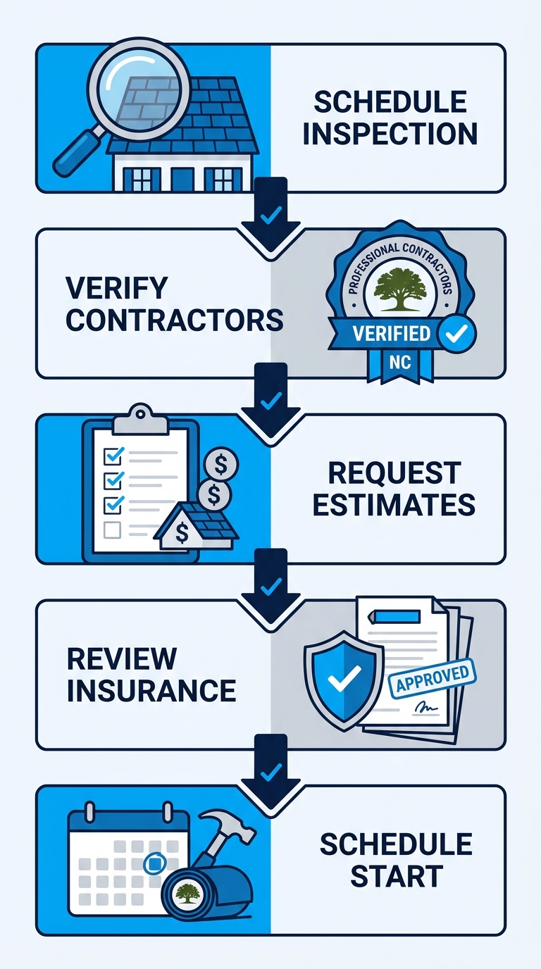 Vertical process flow illustrating five sequential steps to start a roofing project: schedule free inspection, verify licensed contractors, request estimates, review insurance, schedule start.