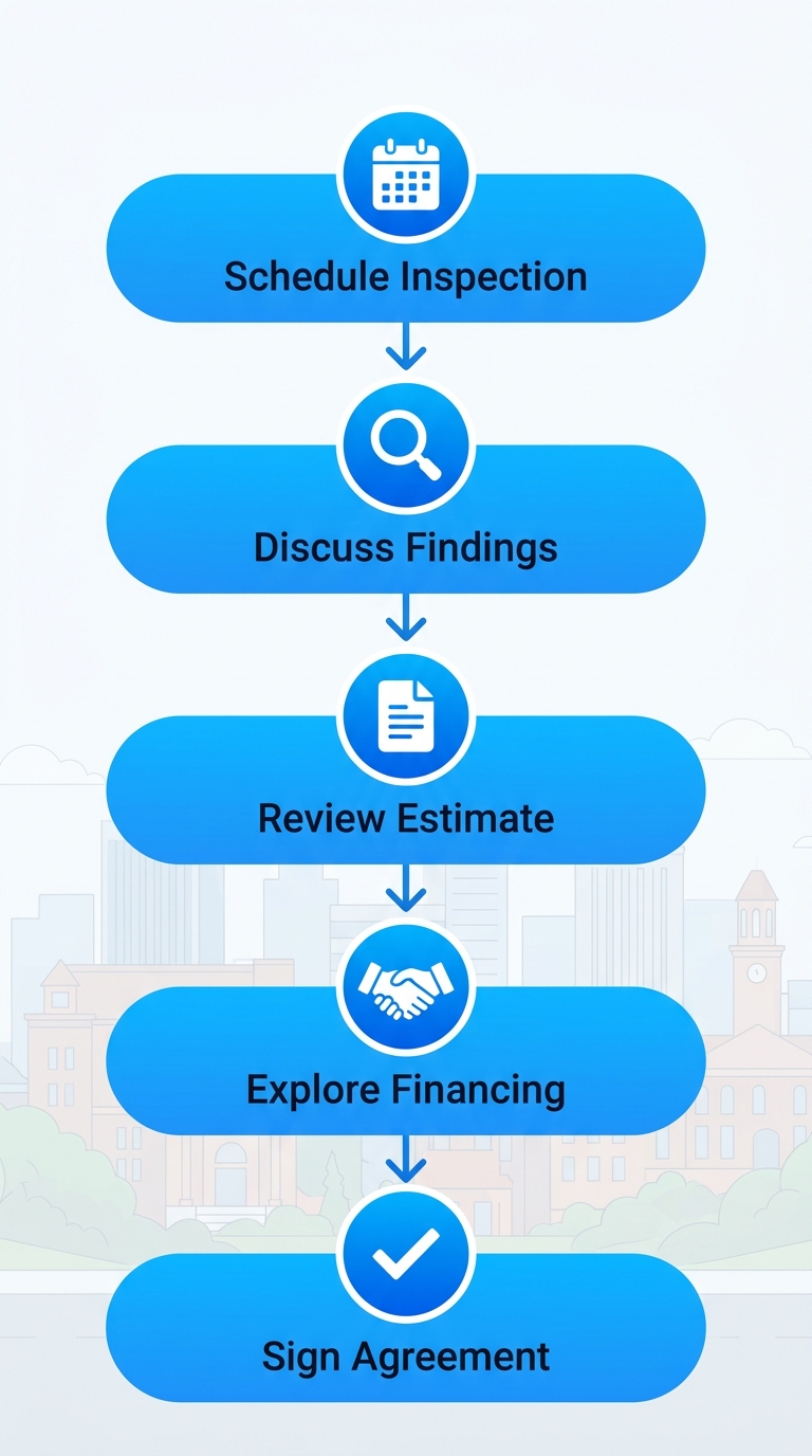 Vertical process flow diagram of 5 steps to start a roofing project: schedule inspection, discuss findings, review estimate, explore financing, sign agreement.