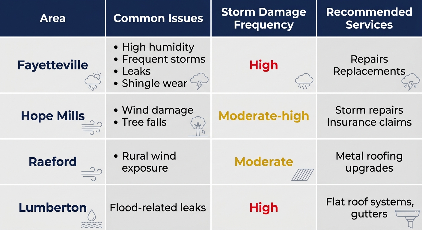 Infographic table showing common roofing issues, storm damage frequency, and recommended services across Fayetteville areas including Fayetteville, Hope Mills, Raeford, and Lumberton.