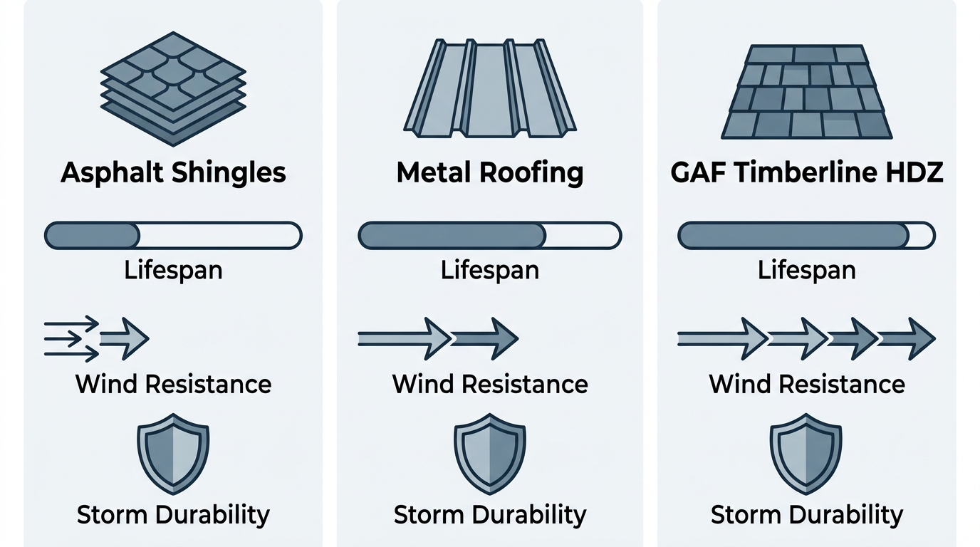 Infographic comparing three roofing materials with icons for lifespan, wind resistance, and storm durability.