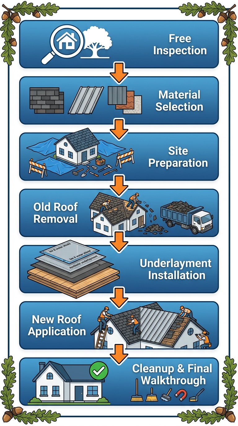 Vertical process flow diagram illustrating seven steps of professional roof replacement from inspection to final walkthrough
