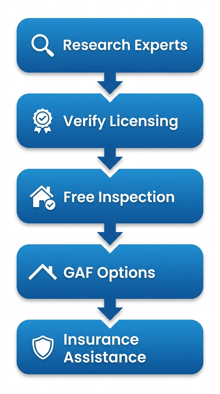 Vertical process flow diagram of 5 steps to hire a local roofing contractor: research, verify licensing, request inspection, review options, confirm insurance.