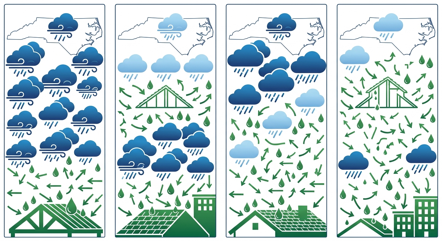 Infographic comparing roofing challenges with storm, leak, and wind icons across Fayetteville area regions on white background with NC map outline